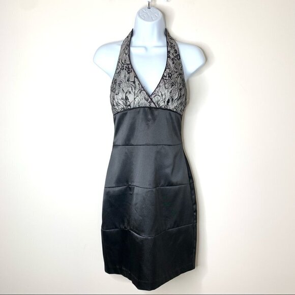 Women’s City Studio Halter Satin Lace Mini Dress Vintage Y2K 2000s Black - Picture 4 of 15